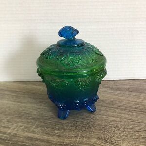 Vtg Jeanette Glass Blue Green Footed Dish